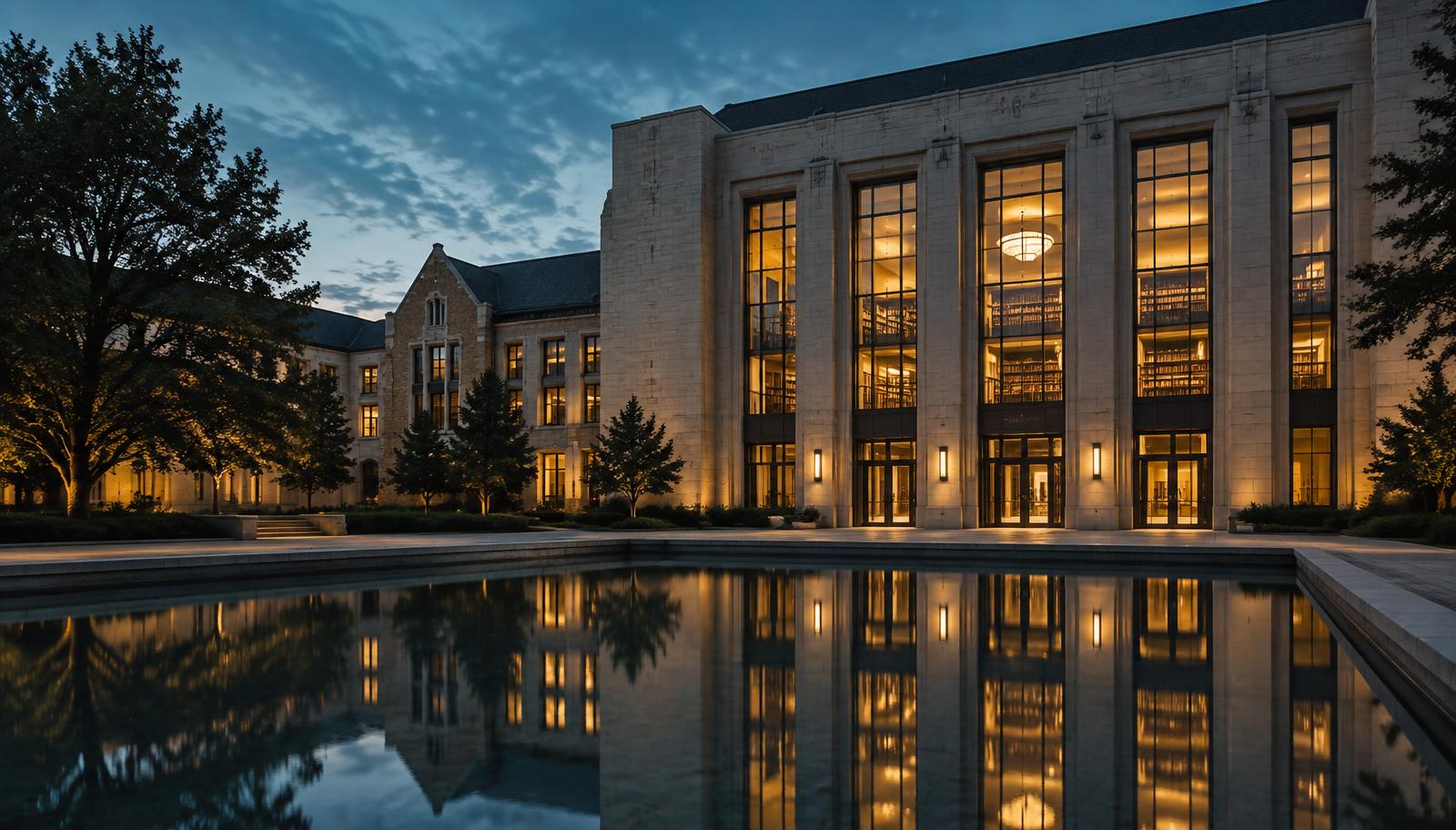 Library facade at dusk reflected in a still pool