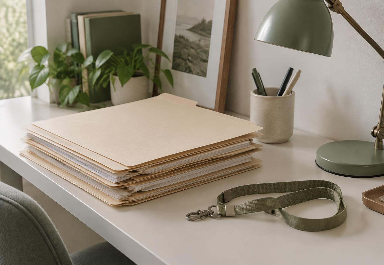 Stacked folders and a lanyard on a desk