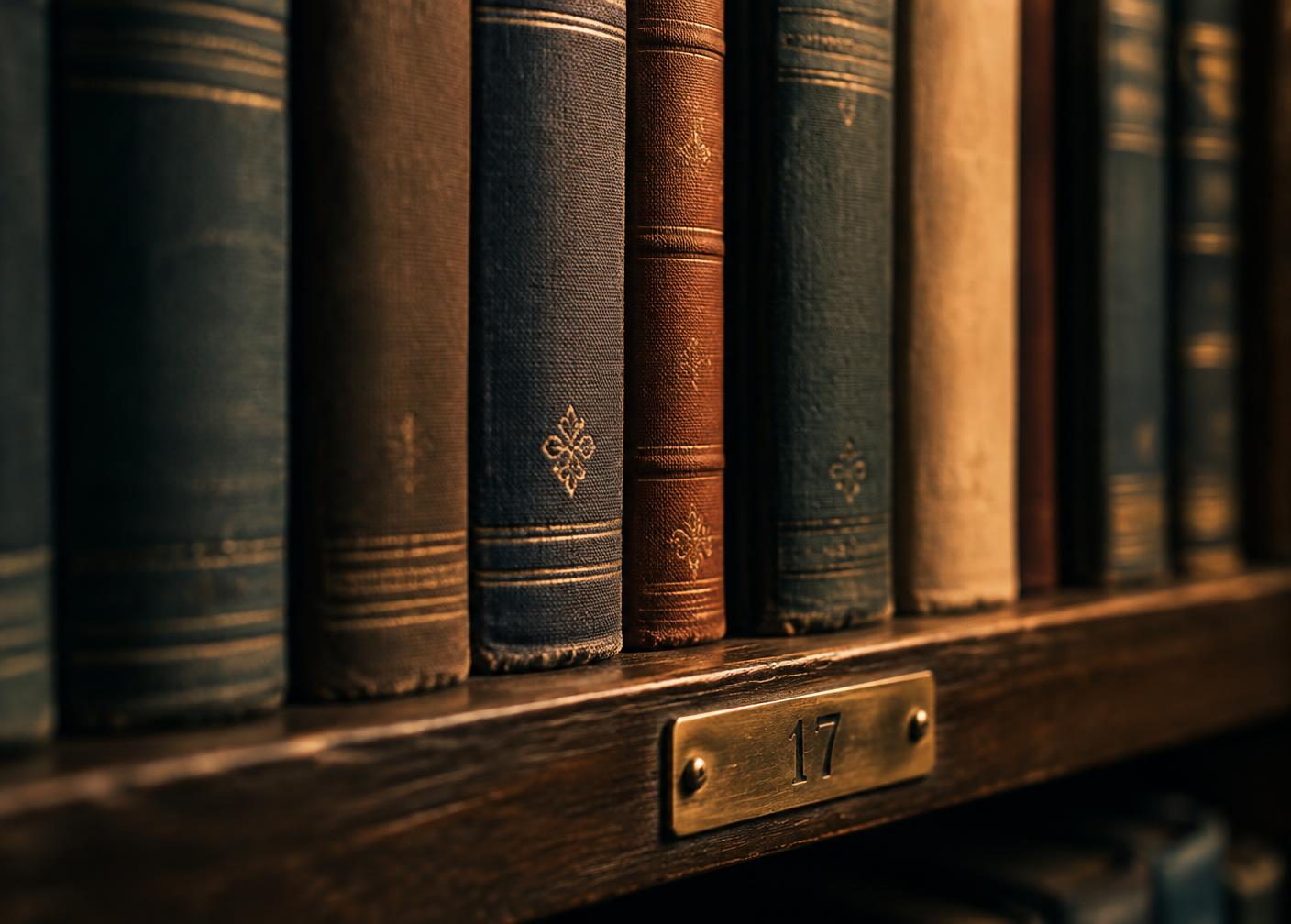 Book spines lined up on a library shelf